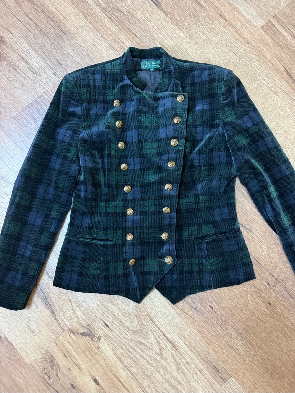 Vintage Ralph Lauren Green & Navy Plaid Double-Breasted Military Blazer, size M
